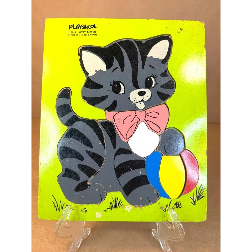 Vintage Playskool Wooden Puzzle 165-6 Kitty Kitten Cat with Ball 9 Pieces Tray